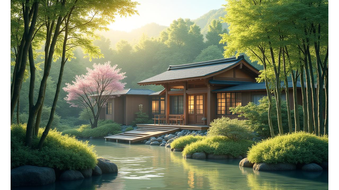 ボタニークキモノの歴史を象徴する日本の古民家と咲き誇る植物
