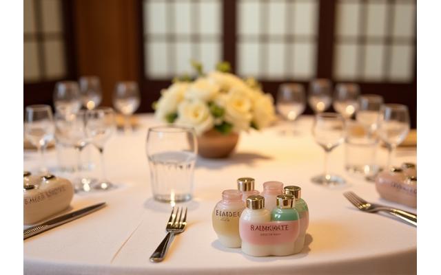 和風の結婚式場で、引き出物のミニ化粧品が並べられている様子