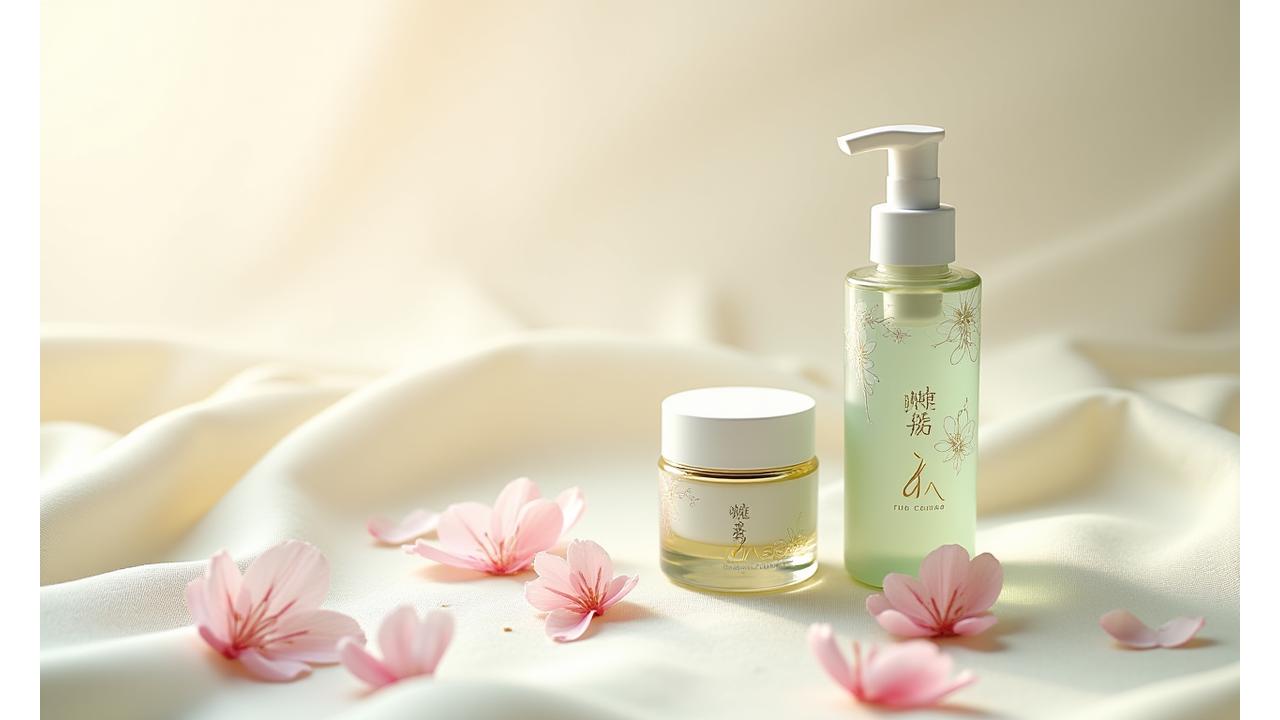 伝統的な和柄デザインが施された美しい化粧水のボトルとクリームのジャーが、桜の花びらと絹の布の上に上品に配置されている様子