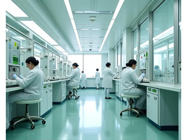新宿にあるボタニークキモノの自社工房の写真。清潔感のある最新の発酵設備が整然と並び、白衣を着た技術者が真剣な表情で開発作業を行っている様子。