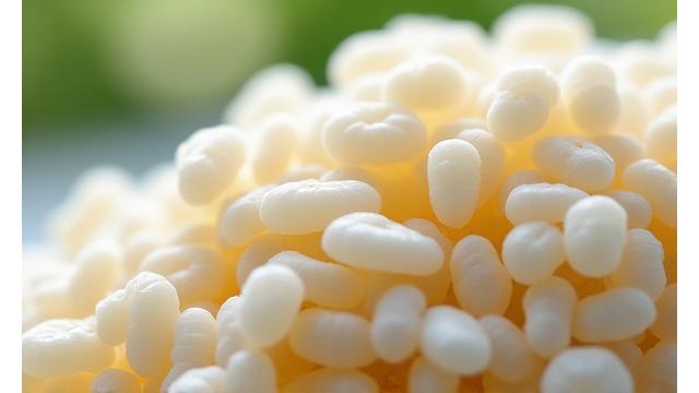 麹のクローズアップ写真。白いふわふわとした麹菌が米粒を覆っている様子が鮮明に写し出されており、生命力と純粋さを感じる。