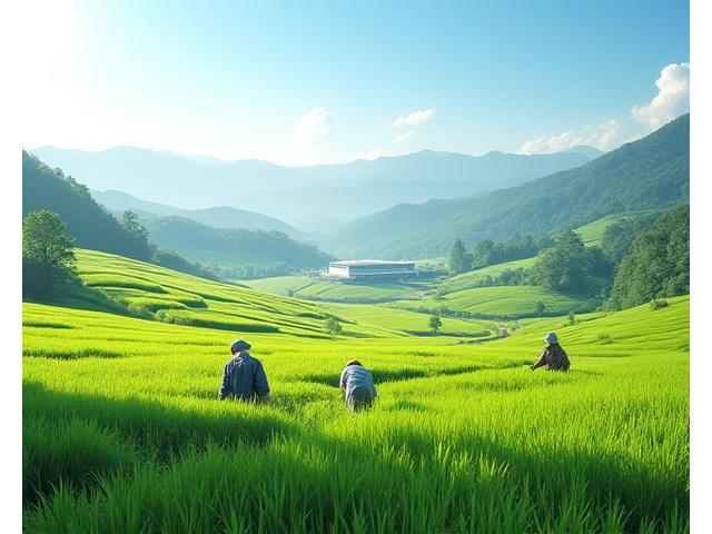 豊かな緑に囲まれた日本の農場の風景。地元の農家の方々が笑顔で畑作業をしており、その横には発酵施設のモダンな建物が自然と調和して立っている。