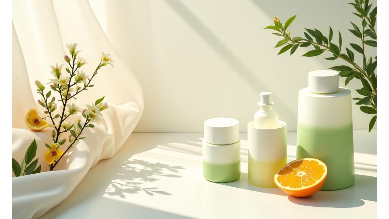 日本の伝統的な植物とモダンな化粧品容器が並ぶ美しいコラージュ
