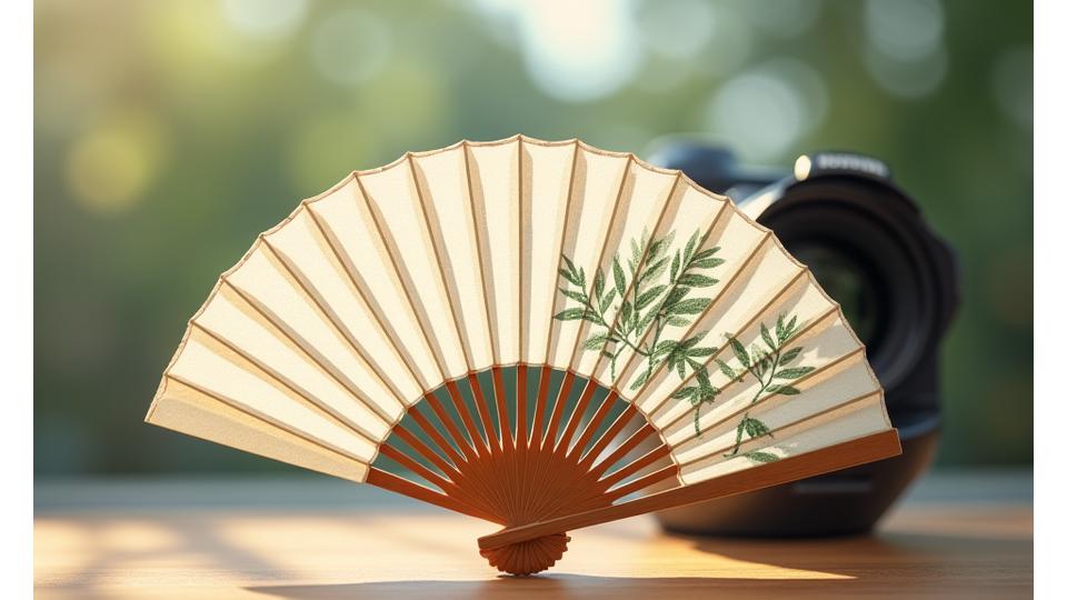 日本の伝統的な扇子と現代のカメラレンズが融け合うデザインでメディアキットを表現