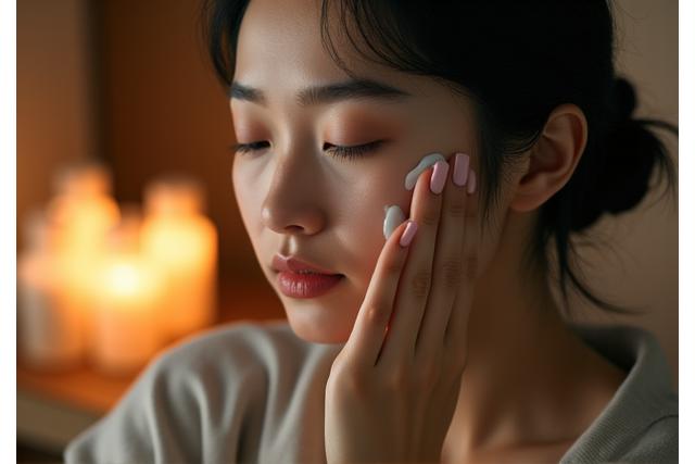 夜の落ち着いた雰囲気の中、女性が丁寧なクレンジングとマッサージをしている様子。