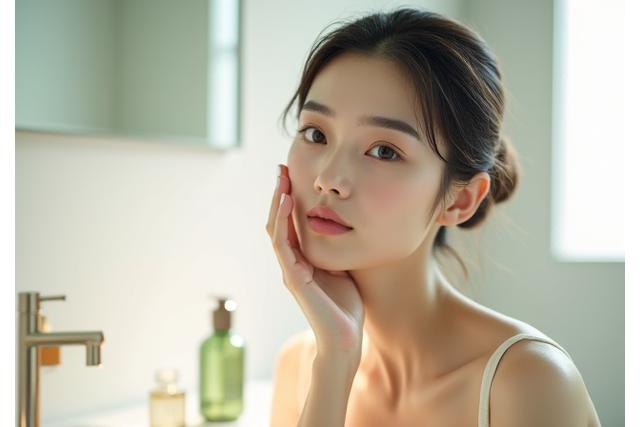 朝の光が差し込む中で、女性がJ-Beauty製品を使って優しく洗顔している様子