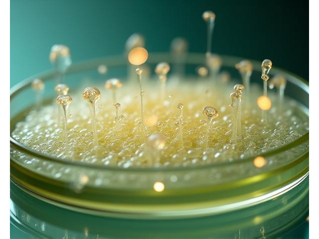 麹菌が発酵プロセスを経て米から美容成分を生成している様子を顕微鏡視点で捉えた美しいイメージ
