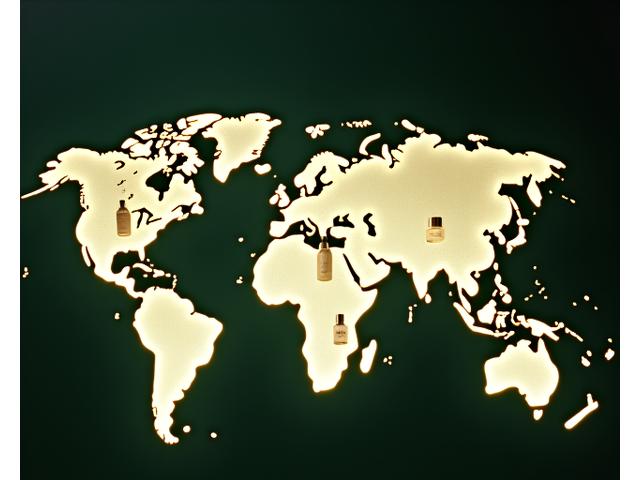 世界地図の上に美しく配置されたボタニークキモノのJ-Beauty製品ボトル。光が差し込み、グローバルな展開を象徴する。