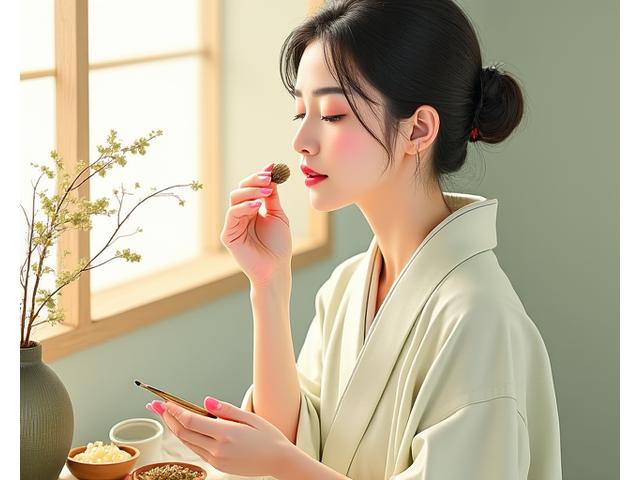 平安時代の日本の宮廷女性が天然成分で肌を手入れしている様子を現代的に表現したイラスト。米ぬかや和漢植物が描かれている。