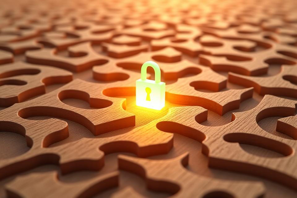 日本の伝統的な組子細工の背景に、データが安全に流れていく様子を表す抽象的な光の線と、鍵のアイコンが描かれた図