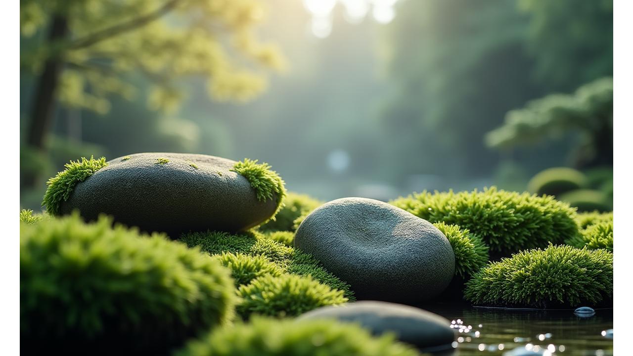 日本の美しい苔庭に、現代的なガラスのデータ保護アイコンが描かれた和紙が添えられているイメージ