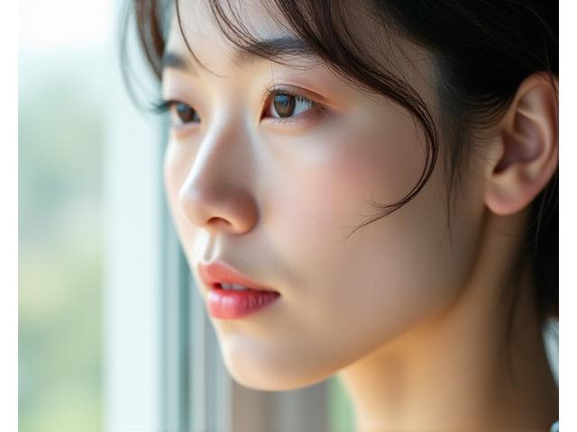 30代の女性の健康的な肌、わずかな肌の不均一さや初期の小じわが見られるクローズアップ。瑞々しさを表現。