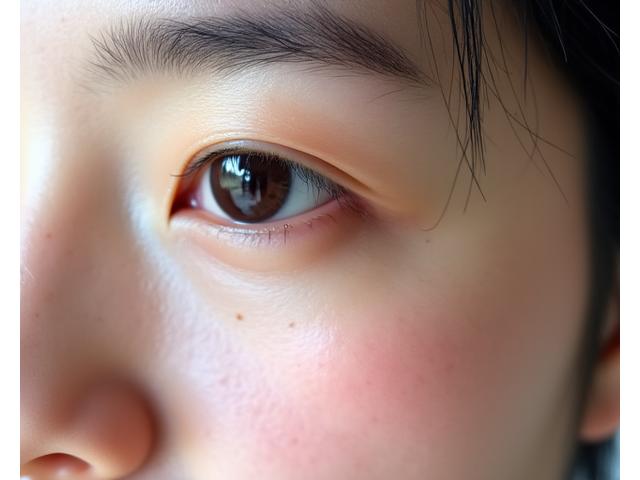 40代の女性の肌のクローズアップ。目元や口元に深まり始めたシワが見られ、穏やかな表情。