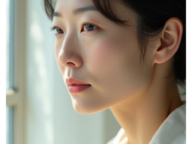 50代の女性の肌のクローズアップ。肌の弾力性の低下や深いたるみが見られるが、ポジティブな光に包まれている。