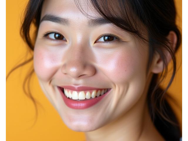 40代女性のプロエイジングケア6ヶ月後の顔のクローズアップ、明るくハリのある肌で生き生きとした表情