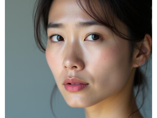 40代女性のプロエイジングケア開始前の顔のクローズアップ、お疲れ気味の表情と肌のくすみが見える
