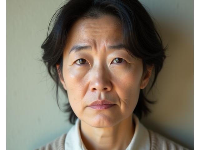 50代女性のプロエイジングケア開始前の顔のクローズアップ、乾燥と小じわが目立つが穏やかな表情