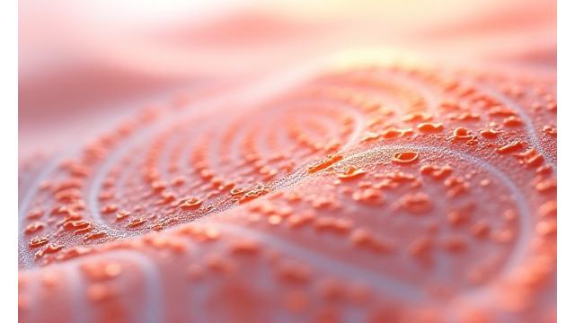 セラミド複合体が肌のバリア機能を強化する様子を模した科学的なイラストと、肌のテクスチャのクローズアップ