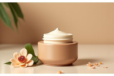 ボタニークキモノのプロエイジング用クリーム、高級感のあるツバキの葉が添えられた容器