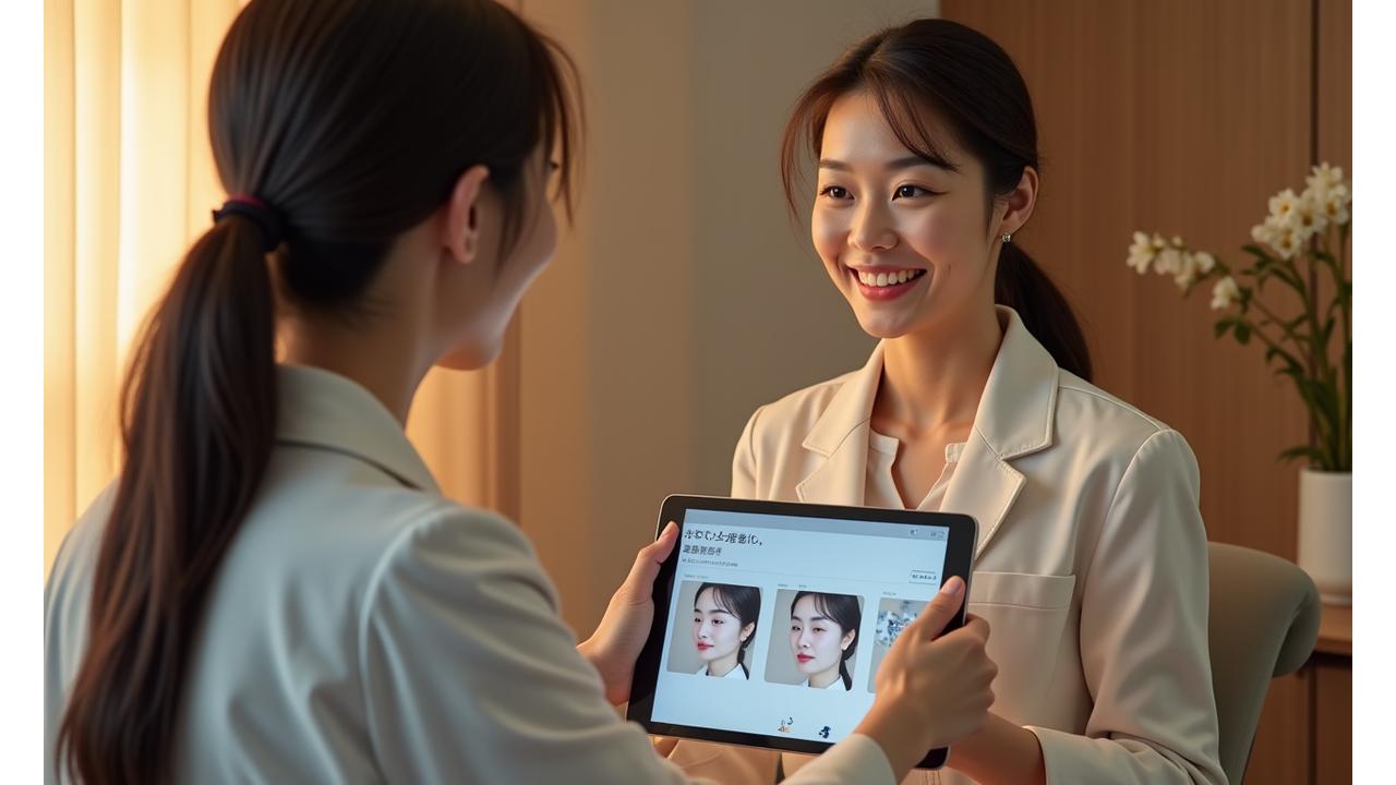 専門家がタブレットを使って顧客の肌の状態を丁寧にカウンセリングしている様子。暖かく、信頼感のある雰囲気。