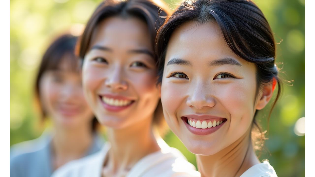 様々な年代の女性が笑顔でいる画像、自然光が差し込み、肌が輝いて見える