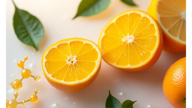 新鮮な柑橘類とペプチドの分子模型が並べられ、美白とコラーゲン生成を想起させる