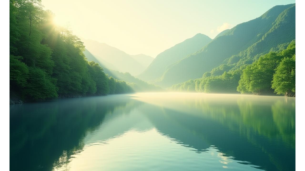 澄んだ水面に映る豊かな森と朝日、環境の美しさを背景にするボタニークキモノのサステナブルなビジョン