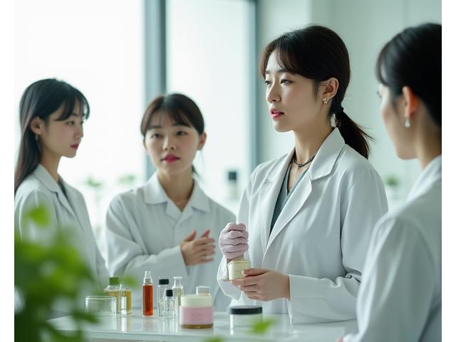 白衣を着た皮膚科専門医が植物のエキスと製品について議論している様子