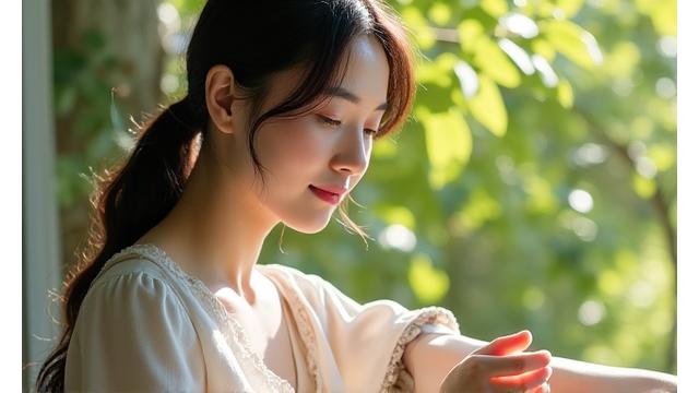春夏の明るい日差しの中、軽やかなUVケア製品を使う女性